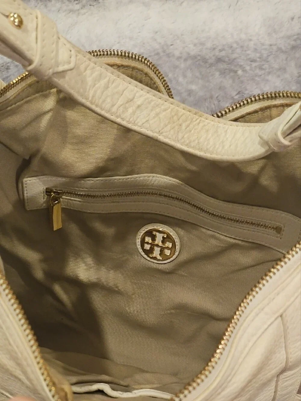 Tory Burch Cream Leather Shoulder Hobo with Gold Logo